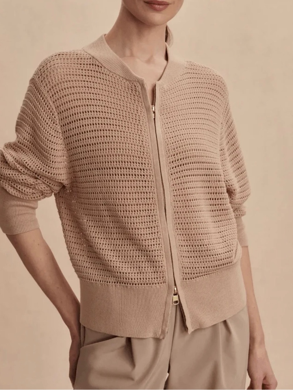 Varley Light Beige Open-Weave Zip Front Women's Sweater
